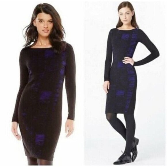 Elie Tahari‎ Design by Nation Sweater Dress Chenille Mix Knit Black Blue Combo - Picture 1 of 12